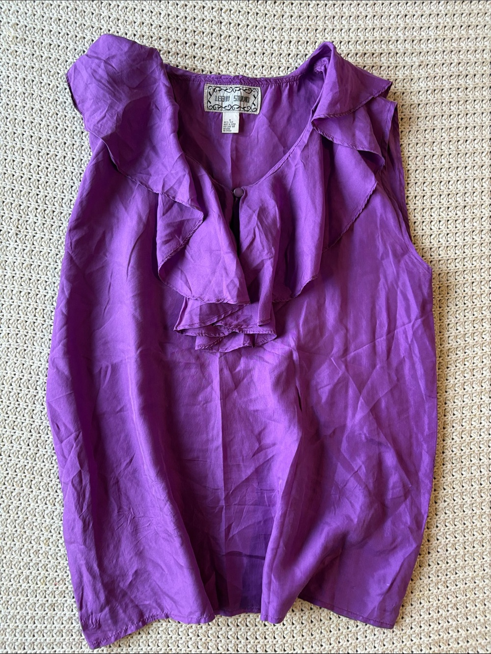 100% silk Purple Ruffle Sleeveless Blouse